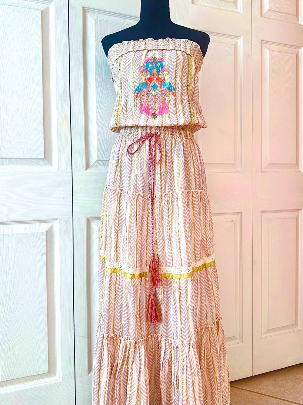 VENUS ~ Creams, Pinks, and Golds Embroidered Lace Glitter Tube Top Maxi Dress
